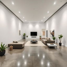 a large room without windows, featuring modern minimalist design, spacious with an open layout, polished concrete floors, sleek white walls, and a high ceiling