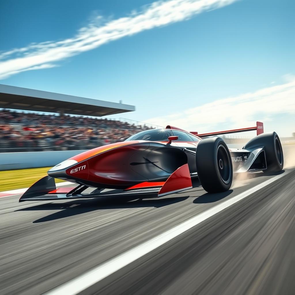 A sleek, futuristic racecar speeding down a track with a powerful motion