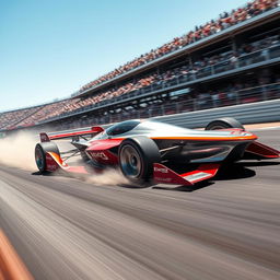 A sleek, futuristic racecar speeding down a track with a powerful motion