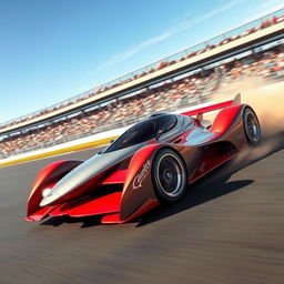 A sleek, futuristic racecar speeding down a track with a powerful motion