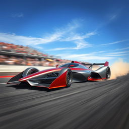 A sleek, futuristic racecar speeding down a track with a powerful motion