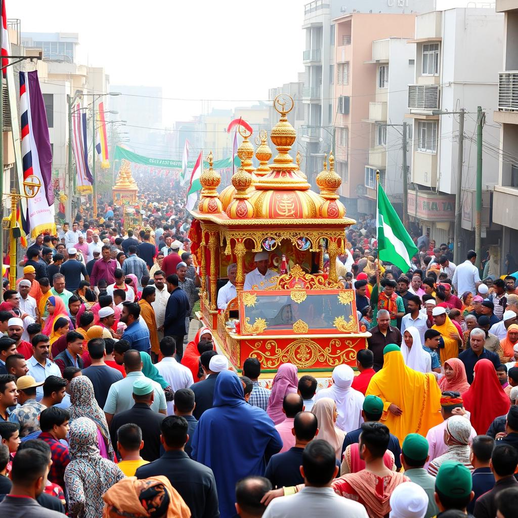 A vibrant and joyful Maulid Nabi celebration set in a bustling Islamic city