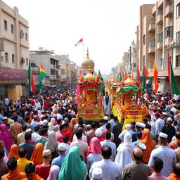 A vibrant and joyful Maulid Nabi celebration set in a bustling Islamic city