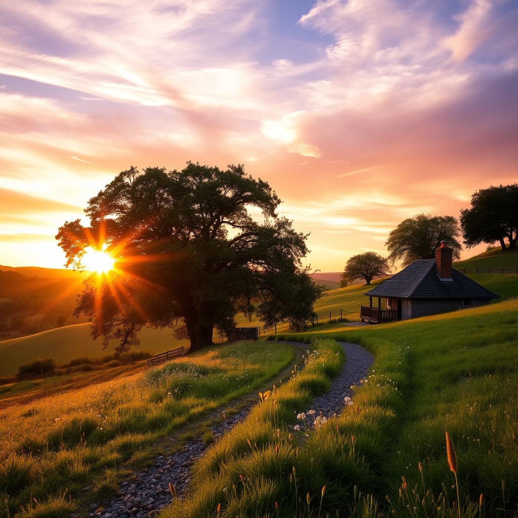 A picturesque late afternoon scene in a tranquil countryside setting