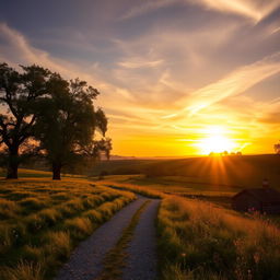 A picturesque late afternoon scene in a tranquil countryside setting