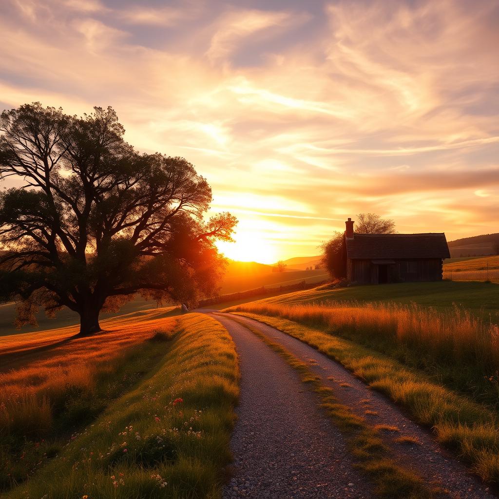 A picturesque late afternoon scene in a tranquil countryside setting