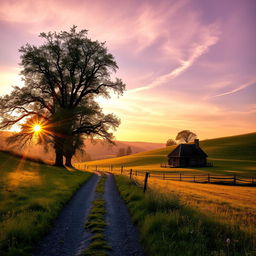 A picturesque late afternoon scene in a tranquil countryside setting