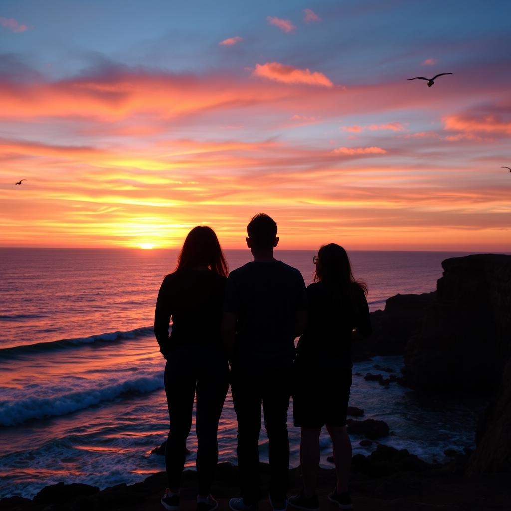 Three people watching the sunset from a cliffside overlooking the ocean, with vibrant, warm colors filling the sky