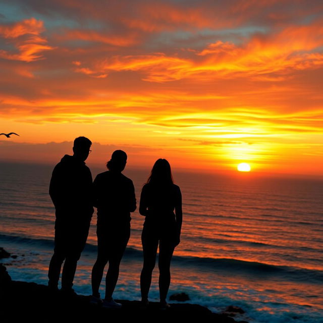 Three people watching the sunset from a cliffside overlooking the ocean, with vibrant, warm colors filling the sky