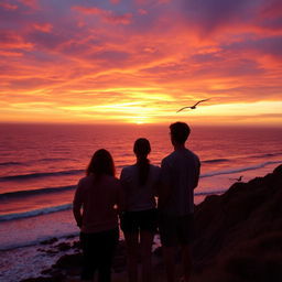 Three people watching the sunset from a cliffside overlooking the ocean, with vibrant, warm colors filling the sky