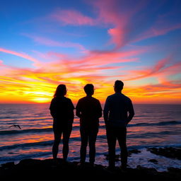 Three people watching the sunset from a cliffside overlooking the ocean, with vibrant, warm colors filling the sky