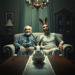 A surrealistic film poster featuring a 50-year-old couple sitting on a sofa in a dining room, each wearing a theatrical mask on their face