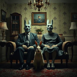 A surrealistic film poster featuring a 50-year-old couple sitting on a sofa in a dining room, each wearing a theatrical mask on their face