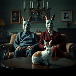 A surrealistic film poster featuring a 50-year-old couple sitting on a sofa in a dining room, each wearing a theatrical mask on their face