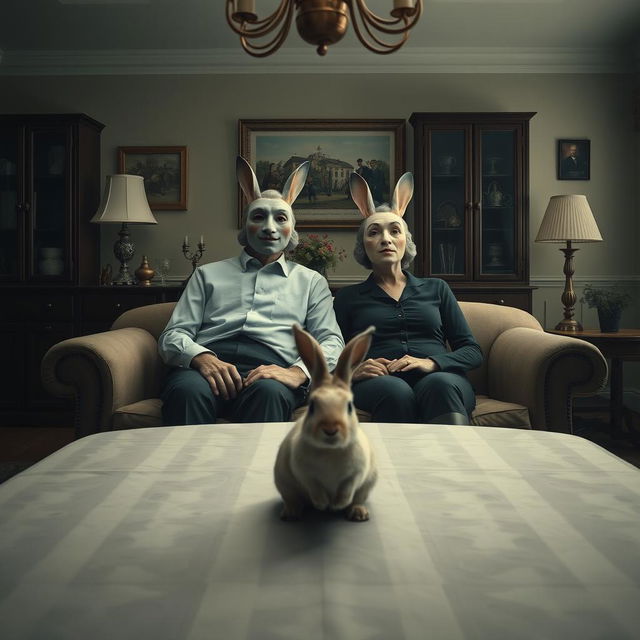 A surrealistic film poster featuring a 50-year-old couple sitting on a sofa in a dining room, each wearing a theatrical mask on their face