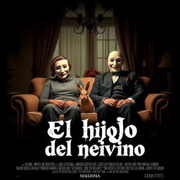 A film poster featuring a couple in their forties sitting on a sofa in a dining room, each wearing a theatrical mask on their face