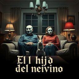 A film poster featuring a couple in their forties sitting on a sofa in a dining room, each wearing a theatrical mask on their face