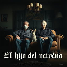 A film poster featuring a couple in their forties sitting on a sofa in a dining room, each wearing a theatrical mask on their face