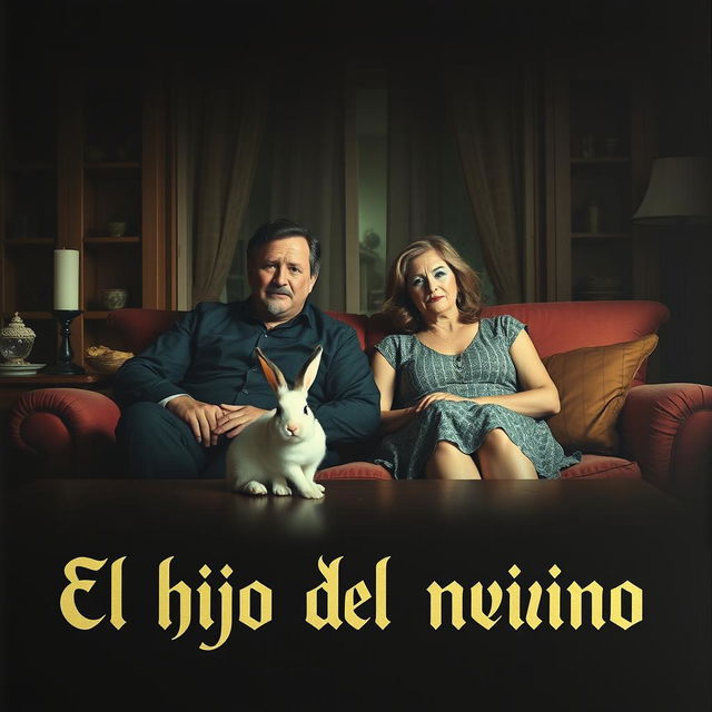 A film poster featuring a couple in their forties sitting on a sofa in a dining room, each wearing a theatrical mask on their face