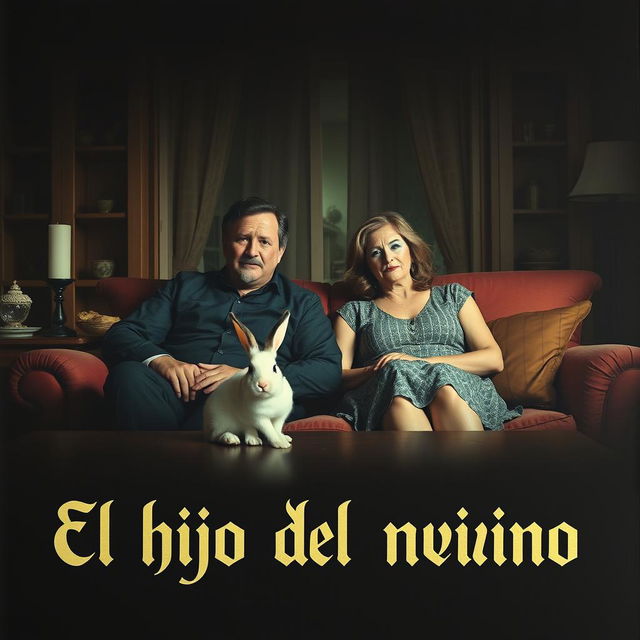 A film poster featuring a couple in their forties sitting on a sofa in a dining room, each wearing a theatrical mask on their face