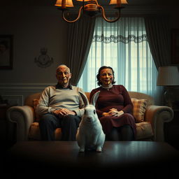 A film poster showcasing a couple in their forties seated on a sofa in a dining room, each adorned with theatrical masks