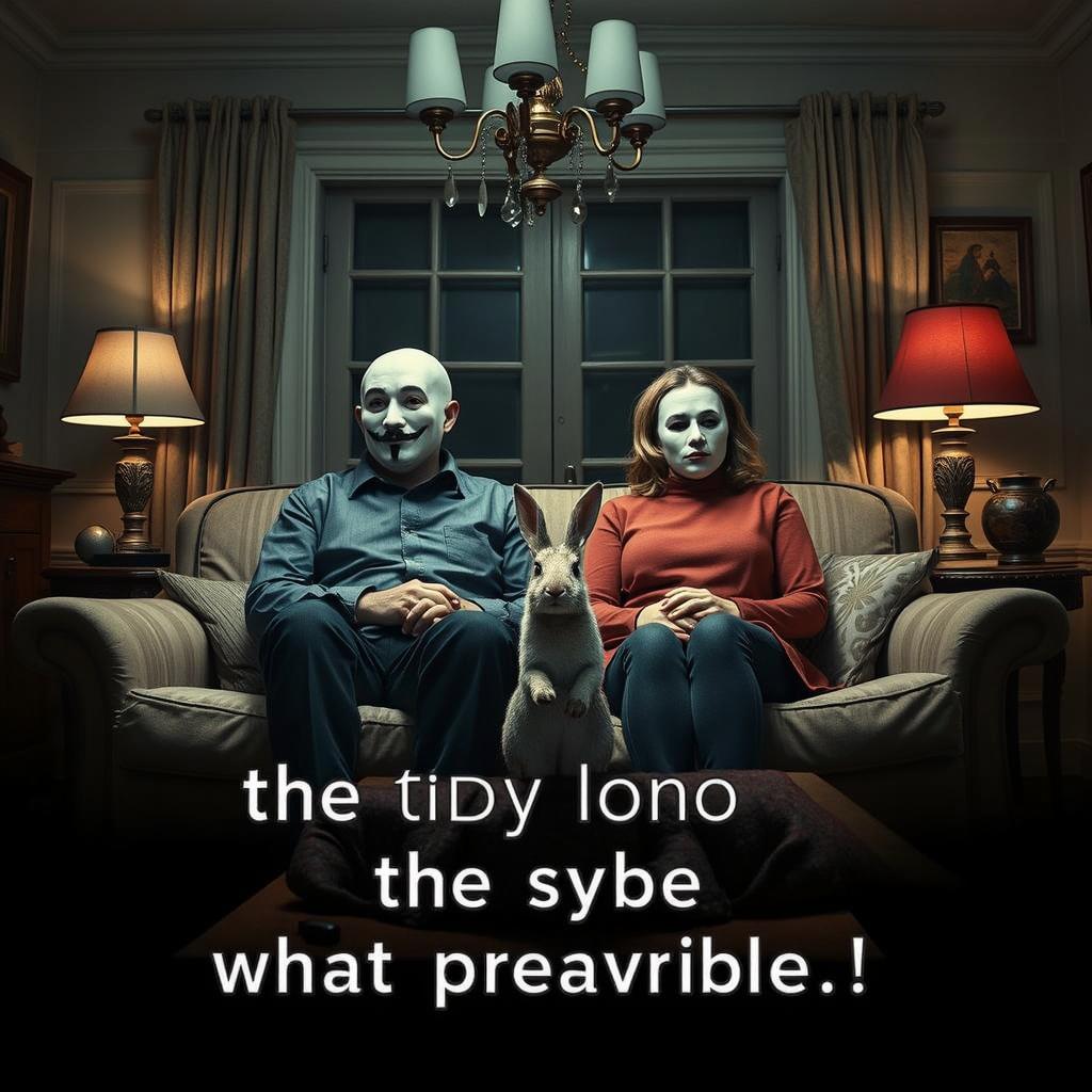 A man and a woman sitting on a sofa in a dimly lit room, both wearing mysterious masks