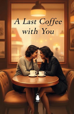 A book cover design in the style of a Penguin Classic featuring a couple sharing their last coffee together at a cozy café table