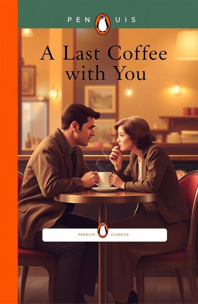 A book cover design in the style of a Penguin Classic featuring a couple sharing their last coffee together at a cozy café table