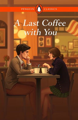 A book cover design in the style of a Penguin Classic featuring a couple sharing their last coffee together at a cozy café table