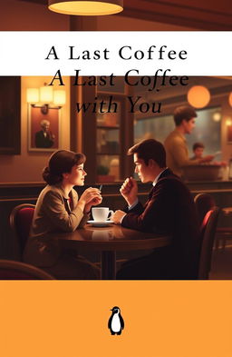 A book cover design in the style of a Penguin Classic featuring a couple sharing their last coffee together at a cozy café table