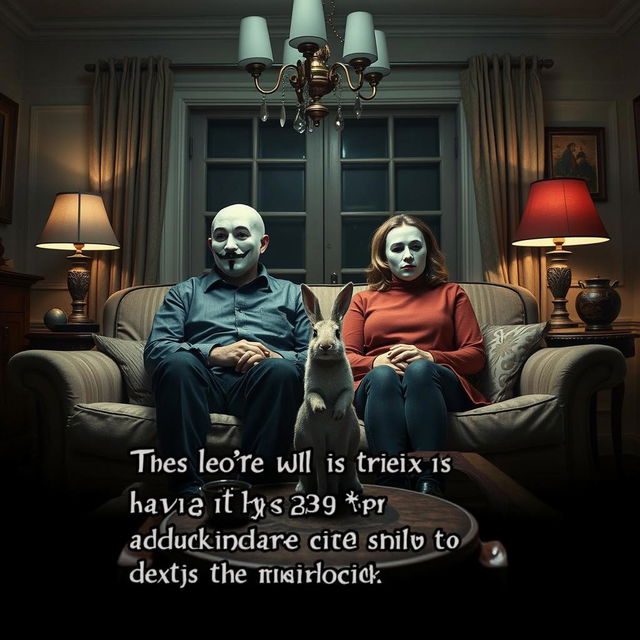 A man and a woman sitting on a sofa in a dimly lit room, both wearing mysterious masks