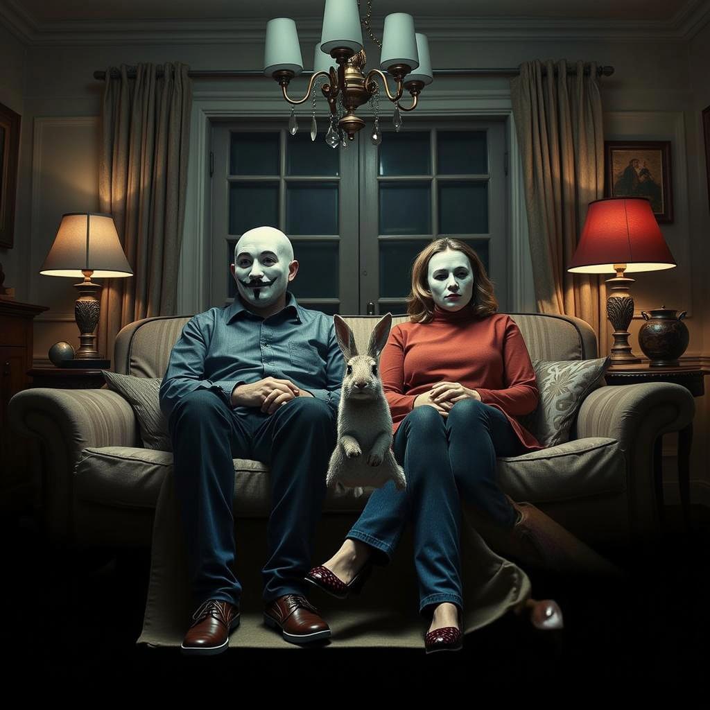 A man and a woman sitting on a sofa in a dimly lit room, both wearing mysterious masks