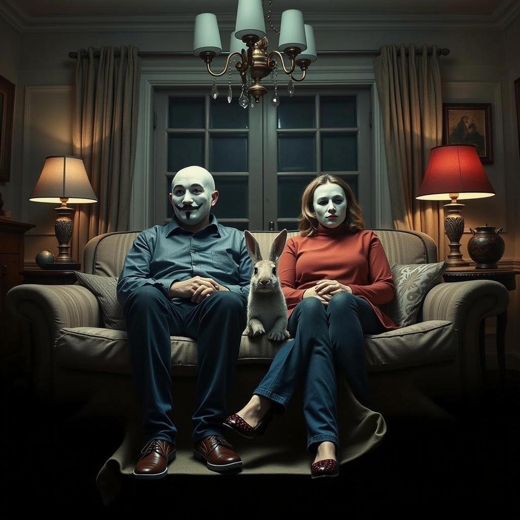 A man and a woman sitting on a sofa in a dimly lit room, both wearing mysterious masks