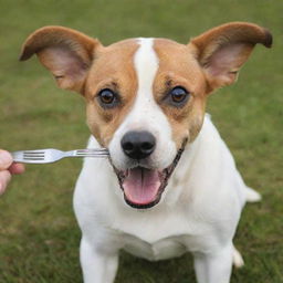 A playful dog holding a fork in its mouth