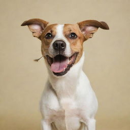 A playful dog holding a fork in its mouth