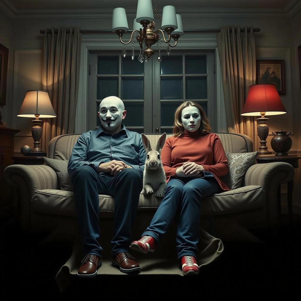 A man and a woman sitting on a sofa in a dimly lit room, both wearing mysterious masks