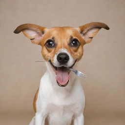 A playful dog holding a fork in its mouth