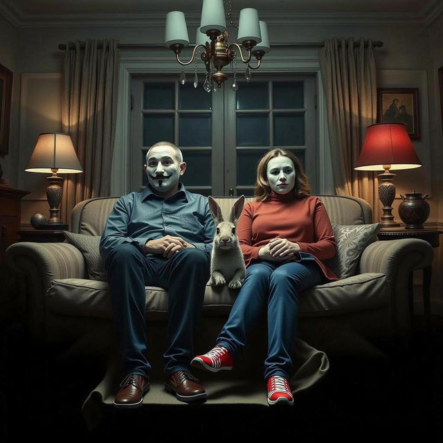 A man and a woman sitting on a sofa in a dimly lit room, both wearing mysterious masks