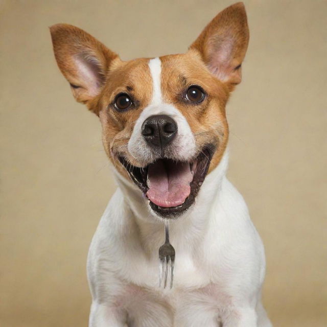 A playful dog holding a fork in its mouth