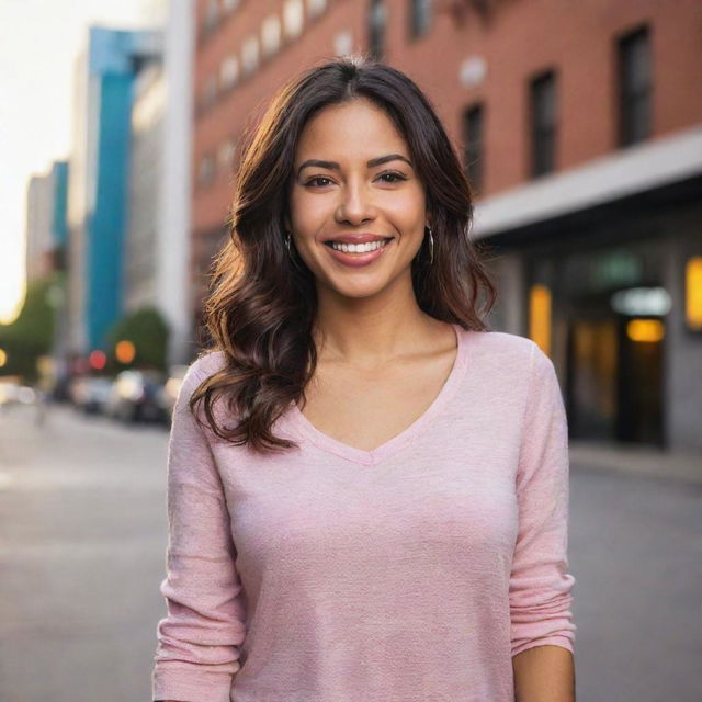 A beautiful Latina woman with a radiant smile, standing in a vibrant cityscape during sunset. She is dressed in casual, modern day fashion.