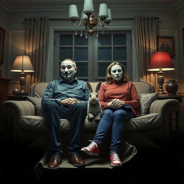 A man and a woman sitting on a sofa in a dimly lit room, both wearing mysterious masks