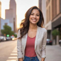 A beautiful Latina woman with a radiant smile, standing in a vibrant cityscape during sunset. She is dressed in casual, modern day fashion.