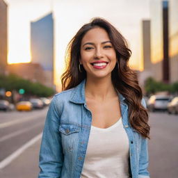 A beautiful Latina woman with a radiant smile, standing in a vibrant cityscape during sunset. She is dressed in casual, modern day fashion.