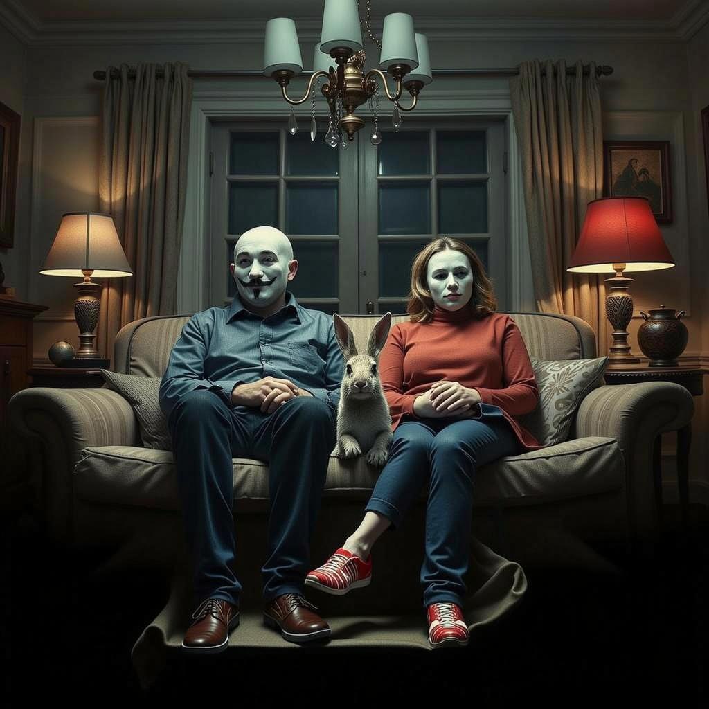 A man and a woman sitting on a sofa in a dimly lit room, both wearing mysterious masks