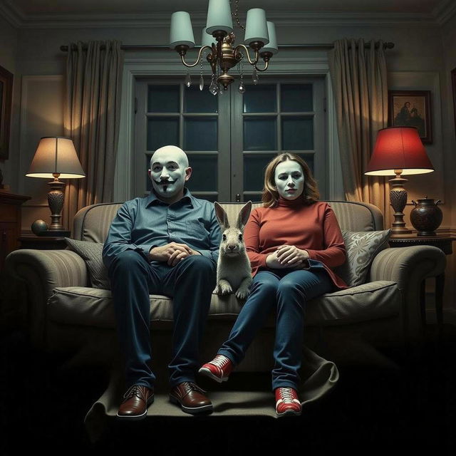 A man and a woman sitting on a sofa in a dimly lit room, both wearing mysterious masks