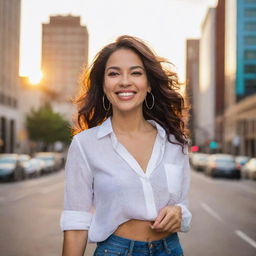 A beautiful Latina woman with a radiant smile, standing in a vibrant cityscape during sunset. She is dressed in casual, modern day fashion.