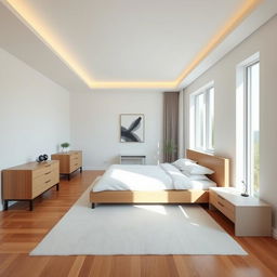 A minimalistic bedroom design with a Scandinavian style, measuring 8 meters in length, 3 meters in width, and 2