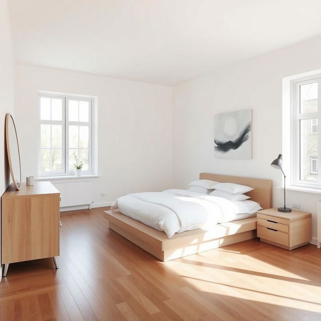 A minimalistic bedroom design with a Scandinavian style, measuring 8 meters in length, 3 meters in width, and 2