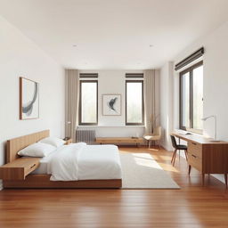 A minimalistic bedroom design with a Scandinavian style, measuring 8 meters in length, 3 meters in width, and 2