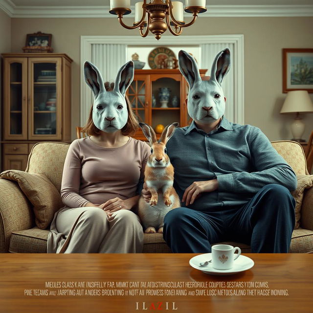 A film poster featuring a middle-class heterosexual married couple in their forties, comprising a woman and a man, seated on a cozy sofa in a typical dining room